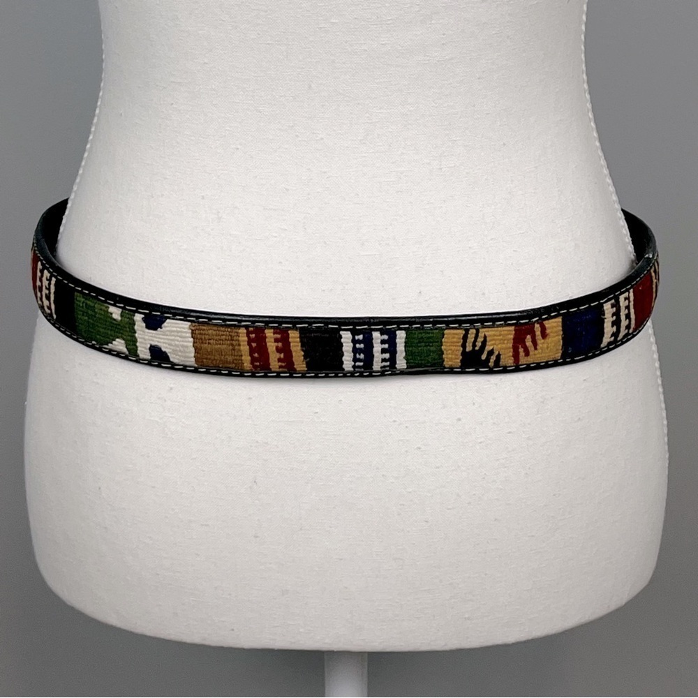 Brown boho woven western horse blanket print belt, medium (see measurements).